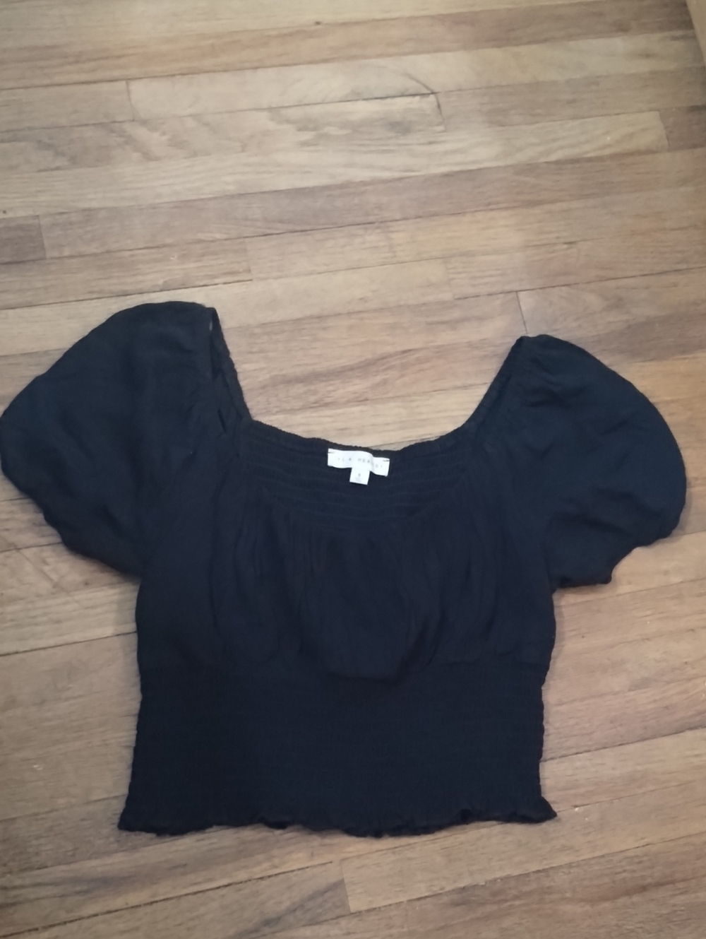 La Hearts Black Puff Sleeve Cropped Smocked Top